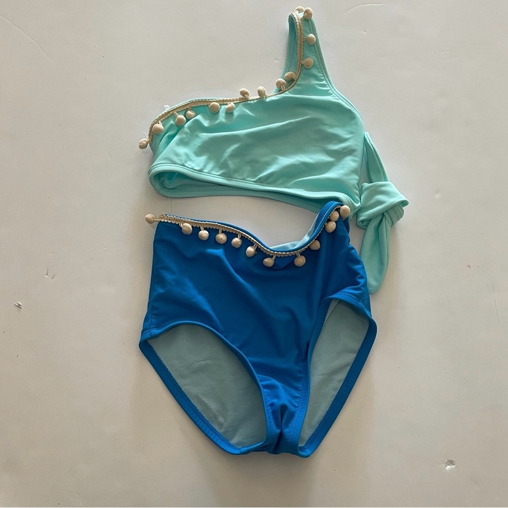 Embellished Blue and Teal Green Multicolor Cutout One Shoulder Pom Pom Swimsuit